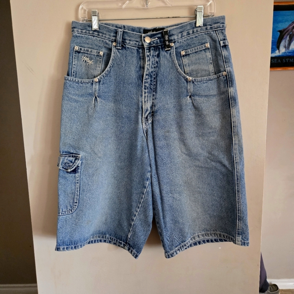 Vintage Y2K Extreme Zone 16 Baggy Cargo Jean Shorts Denim Pocket Carpenter Skate